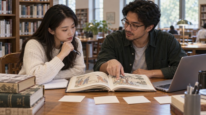Two adult learners compare an idiom story with different usage contexts