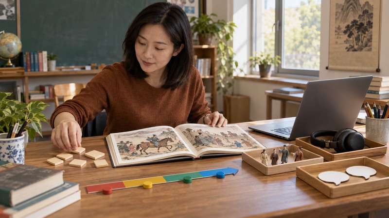 How to Build a Chinese Idiom Lesson Plan: Story, Characters, and Usage 2 Teacher prepares an idiom lesson with a historical storybook and activity materials