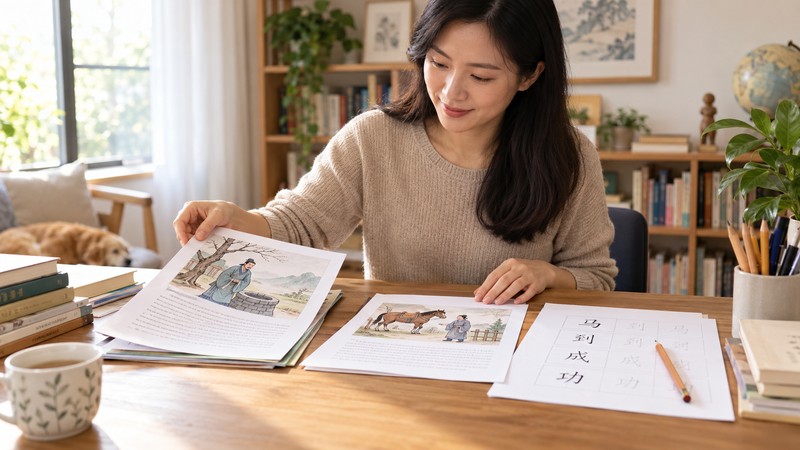 Chinese Idiom Stories for Homeschool PDF: Lesson Structure and Source Checks 2 Parent preparing Chinese idiom story materials for a homeschool lesson