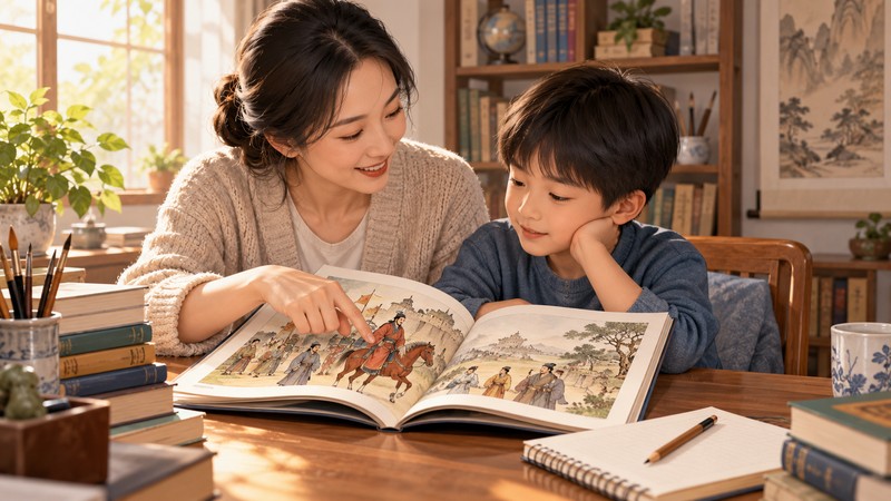 Parent and child reading an illustrated Chinese idiom story together