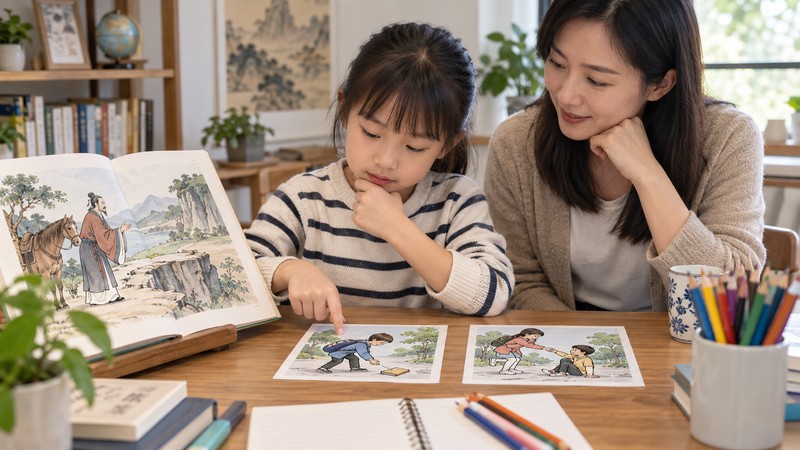 Chinese Idiom Stories for Homeschool PDF: Lesson Structure and Source Checks 4 Homeschool learner comparing an idiom story with modern example situations