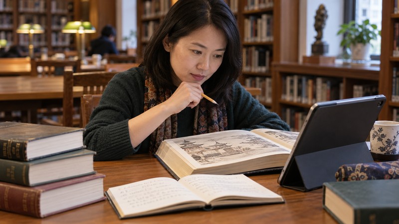 How to Use a Chinese Idioms Dictionary PDF With Source Checks 2 Adult learner checks a digital idiom reference against an illustrated source book