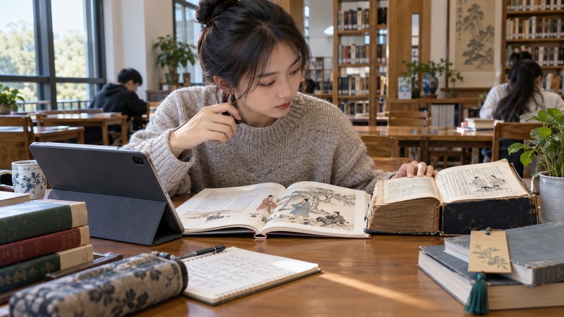 Student compares modern and historical idiom reference sources in a library