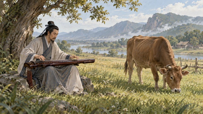 Dui Niu Tan Qin Meaning: Common Mistakes and the Story Behind It 2 Musician plays the qin while a cow continues grazing