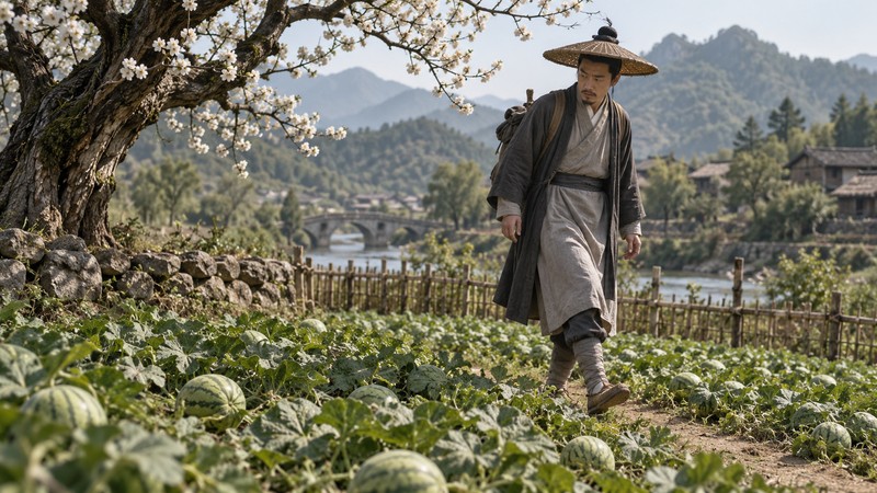 Gua Tian Li Xia Meaning: Story, Pinyin, and Modern Examples 2 Traveler walks carefully through a melon field beneath a flowering plum tree