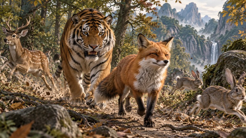 Hu Jia Hu Wei Meaning: Story, Pinyin, and Modern Examples 2 Fox walks before a tiger while forest animals flee from the tiger behind it