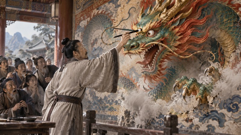Hua Long Dian Jing Meaning: Story, Pinyin, and Modern Examples 2 Painter adds eyes to a dragon mural as it appears to come alive