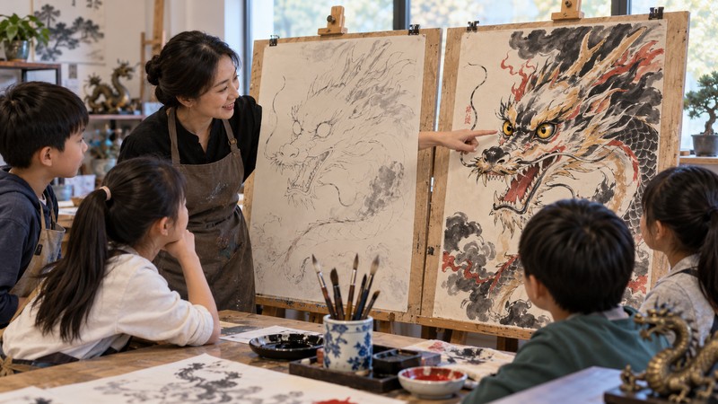 Teacher compares a dragon painting before and after its decisive eye details