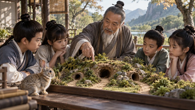 Jiao Tu San Ku Meaning: Story, Pinyin, and Modern Examples 3 Teacher explains three safe exits in a rabbit habitat model