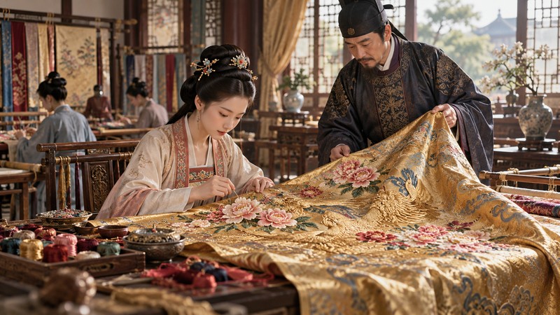 Jin Shang Tian Hua Meaning: Story, Pinyin, and Modern Examples 2 Artisan adds floral embroidery to already elaborate brocade