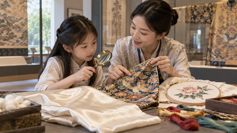 Jin Shang Tian Hua Meaning: Story, Pinyin, and Modern Examples 3 Teacher and student examine brocade, silk, thread, and floral embroidery