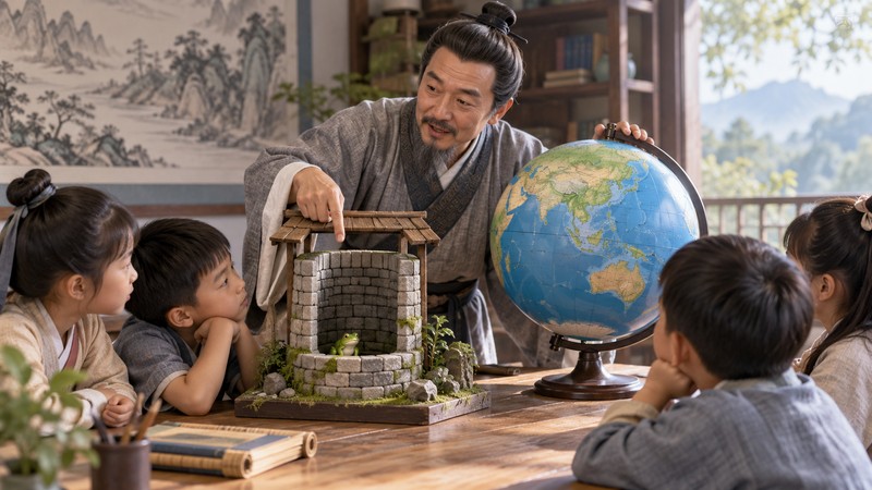 Jing Di Zhi Wa Meaning: Common Mistakes and Misreadings 4 Teacher compares a small well model with the wider world