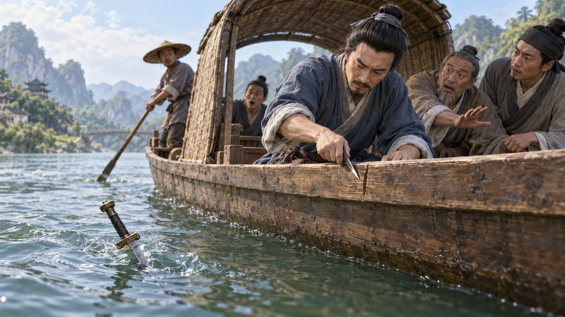 Ke Zhou Qiu Jian Meaning: Mistake, Story, and Pinyin Context 2 Traveler marks the moving boat where his sword fell