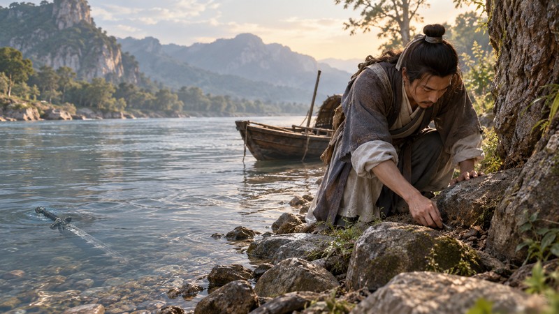 Ke Zhou Qiu Jian Meaning: Mistake, Story, and Pinyin Context 3 Traveler searches beneath the old mark after the boat reaches shore