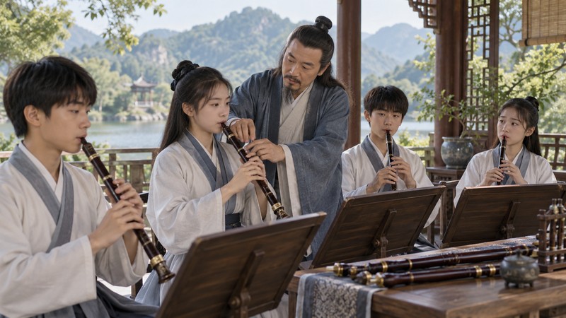 Music teacher coaches students in genuine wind instrument practice