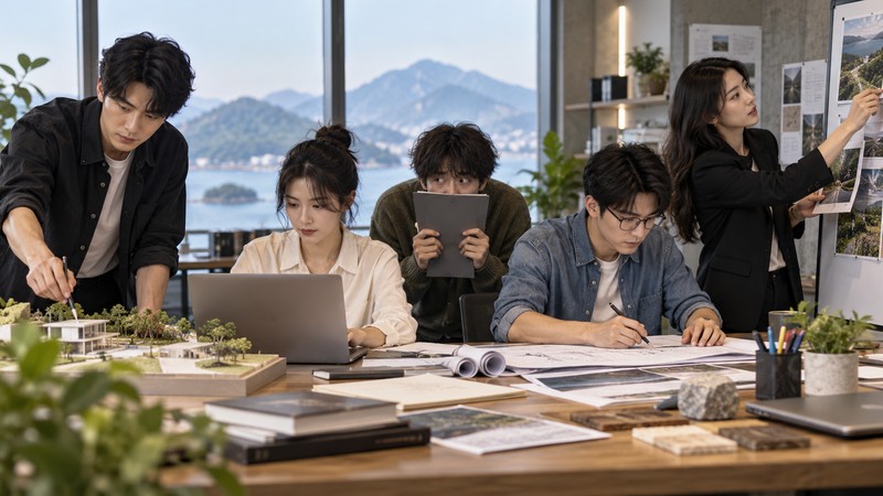 Lan Yu Chong Shu Meaning: Story, Pinyin, and Modern Examples 4 Team member holds a tablet while colleagues work on an architectural project