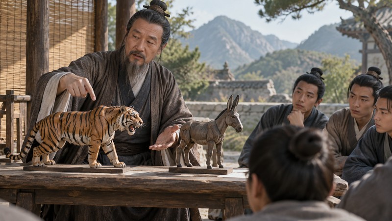 Qian Lv Ji Qiong Meaning: Story, Meaning, and Modern Usage 3 Teacher explains the donkey and tiger story with animal models