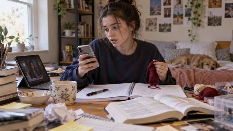 San Xin Er Yi Meaning: Characters, Usage, and Modern Examples 2 Student divides attention among studying a phone video and a craft project