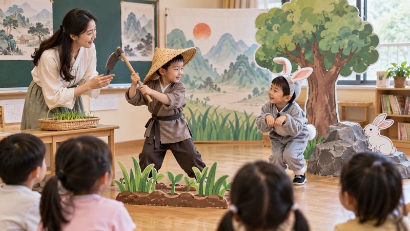 Teach Chinese Idioms To Kids: Story, Activity, and Pinyin Steps 3 Children perform an idiom story role play with classroom props