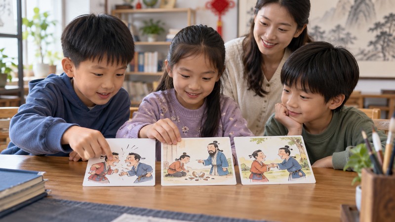 Teach Chinese Idioms To Kids: Story, Activity, and Pinyin Steps 4 Children sequence picture cards to retell an idiom story