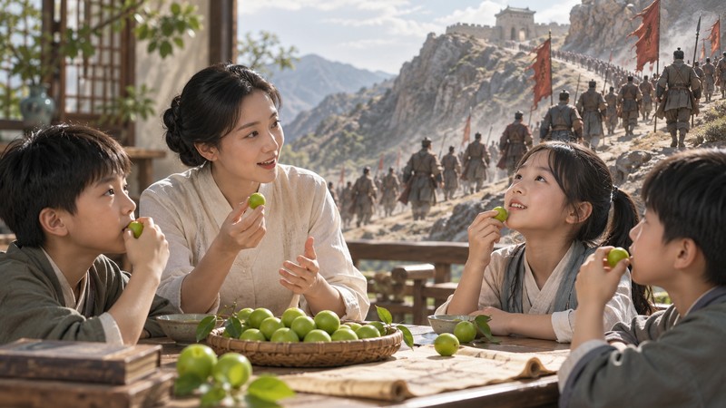 Wang Mei Zhi Ke Meaning: Story, Pinyin, and Modern Examples 3 Teacher and children hold green plums beside an illustrated scene of marching soldiers