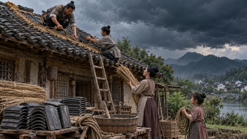 Wei Yu Chou Mou Meaning: Story, Pinyin, and Modern Examples 2 Family secures roof tiles while dark storm clouds approach