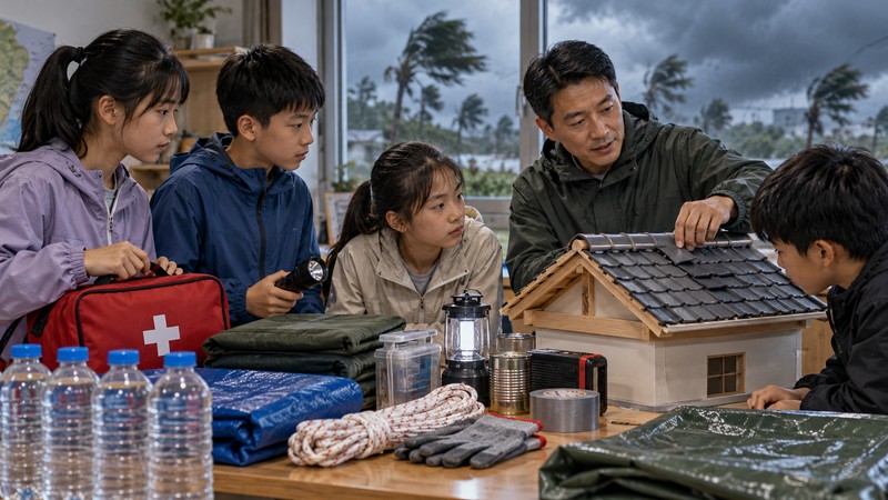 Students prepare supplies and inspect a model roof before a simulated storm