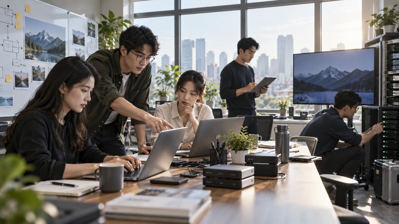 Wei Yu Chou Mou Meaning: Story, Pinyin, and Modern Examples 4 Office colleagues review laptops and documents while another colleague checks a server rack