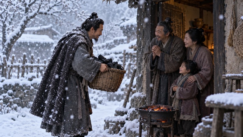 Xue Zhong Song Tan Meaning: Story, Pinyin, and Modern Examples 2 Visitor delivers charcoal to a family during heavy winter snow
