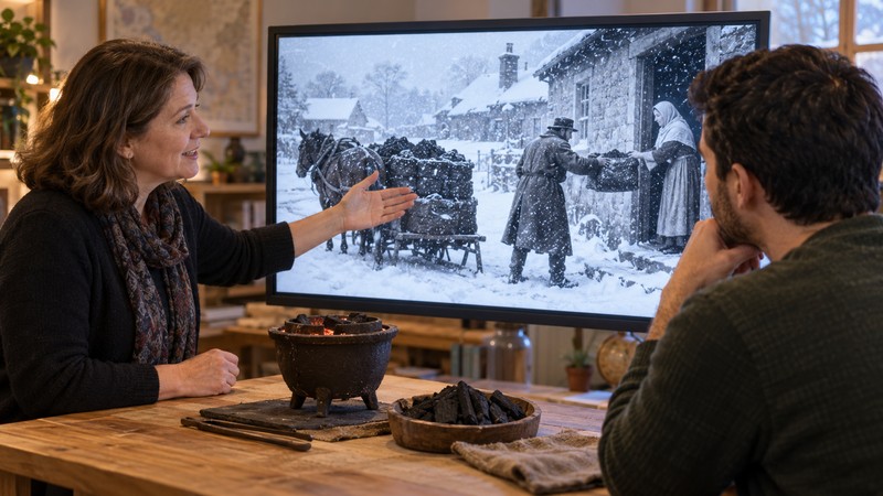 Teacher explains timely winter help using a charcoal brazier and historical scene