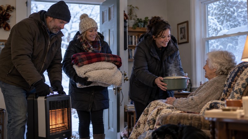 Xue Zhong Song Tan Meaning: Story, Pinyin, and Modern Examples 4 Neighbors bring a heater blankets and hot food during a winter outage