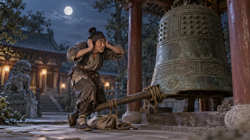 Thief covers his ears while trying to steal a large bronze bell