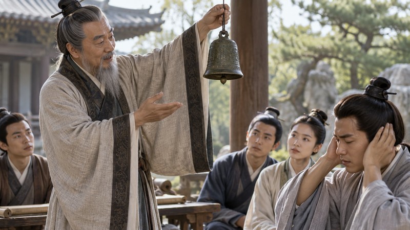 Teacher shows that covering ears does not stop a bell being heard