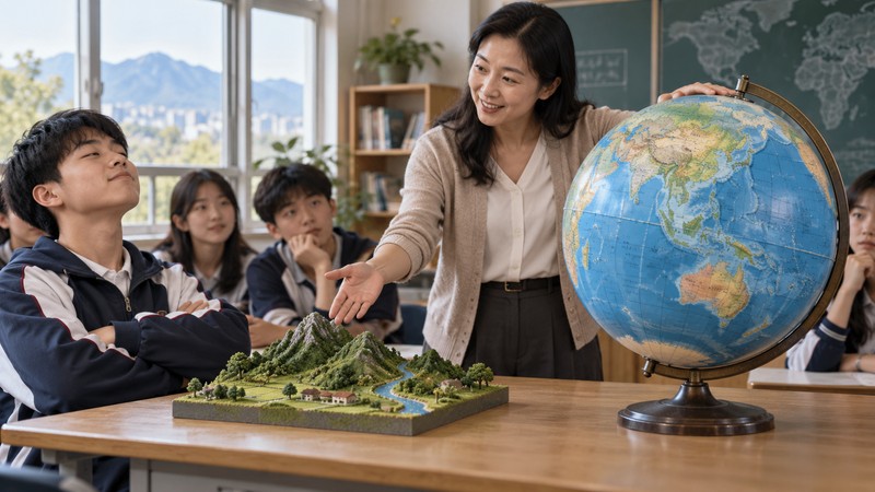 Teacher contrasts a small local model with a globe to challenge overconfidence