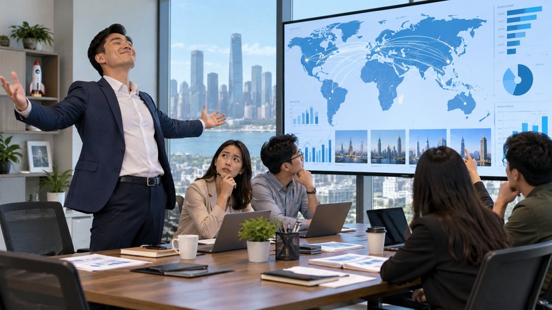 Company leader boasts while the team reviews broad market benchmarks