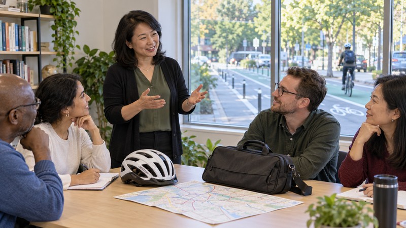 Yi Shi Er Niao Meaning: Story, Pinyin, and Modern Examples 3 Adult learners discuss a bicycle commute that provides two practical benefits