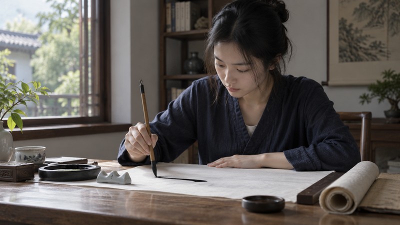 Yi Xin Yi Yi Meaning: Characters, Usage, and Modern Examples 2 Student concentrates on a single traditional calligraphy brushstroke