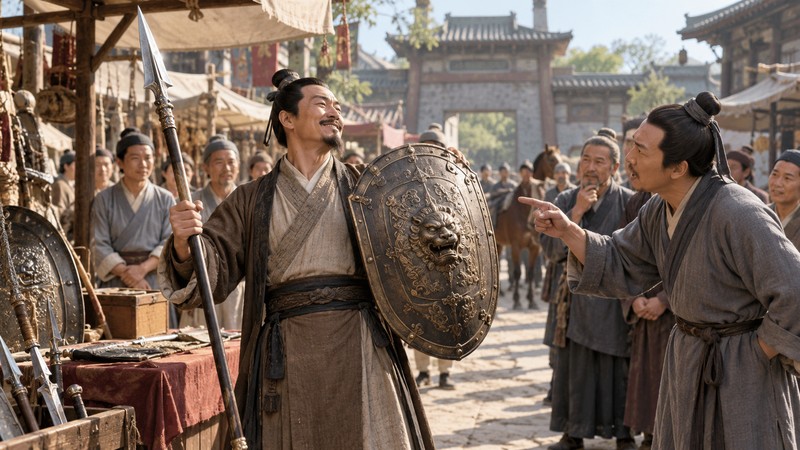 Zi Xiang Mao Dun Meaning: Story, Pinyin, and Modern Examples 2 Seller holding a spear and shield as a listener points toward the weapons