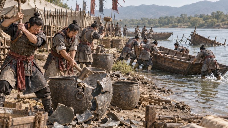 Po Fu Chen Zhou Meaning: Story, Pinyin, and Modern Examples 2 Soldiers breaking cooking cauldrons and pushing wooden boats into the river