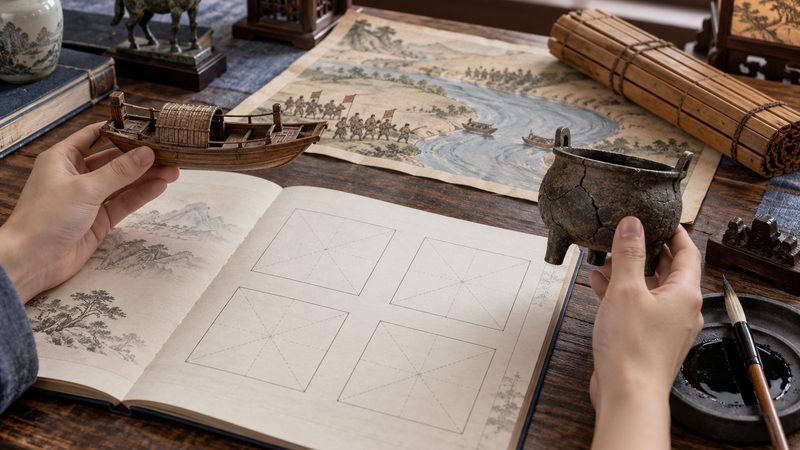 Student comparing a boat model and cracked cauldron with an idiom study worksheet