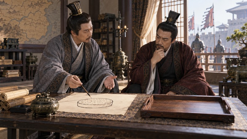 Hua Bing Chong Ji Meaning: Story and Modern Use 2 Ancient officials discussing a drawn cake beside an empty tray