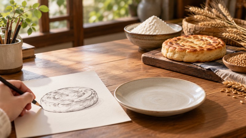 Drawing of a cake beside an empty plate and real baking ingredients