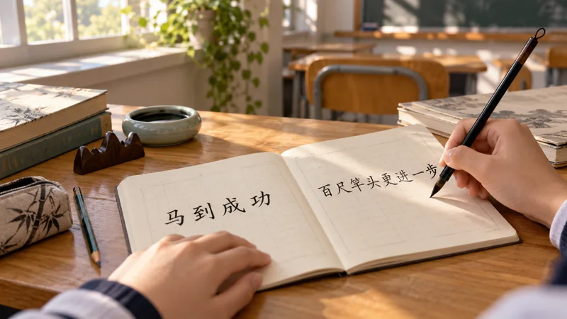 Chinese Idioms About Success: Choose Phrases for Real Goals 2 A sunlit study desk with a workbook and writing tools for practicing Chinese success idioms