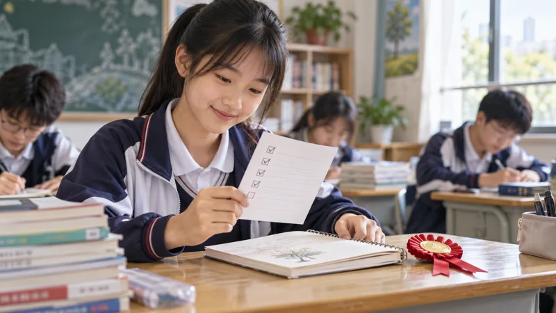 A student reviewing a completed practice sheet at a classroom desk