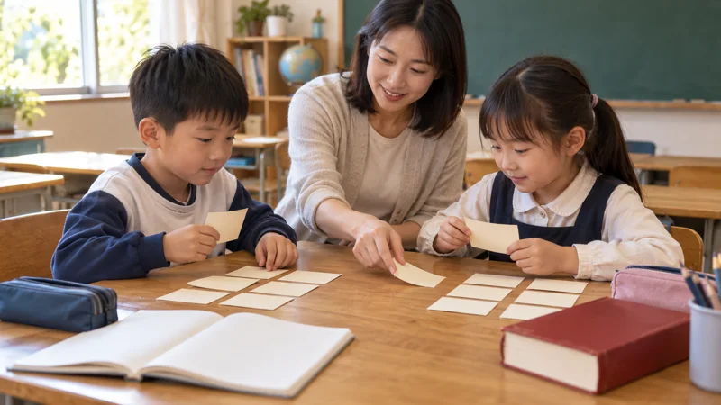 Chinese Idioms About Success: Choose Phrases for Real Goals 4 A teacher and two learners sorting blank practice cards at a classroom table