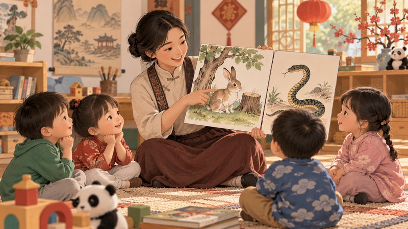 Chinese Idiom Stories for Preschoolers: Four Simple Tales to Tell 2 Teacher showing rabbit and snake picture stories to preschool children