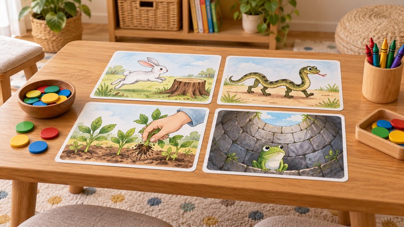 Four picture cards showing a rabbit by a stump, a snake with feet, pulled seedlings, and a frog in a well