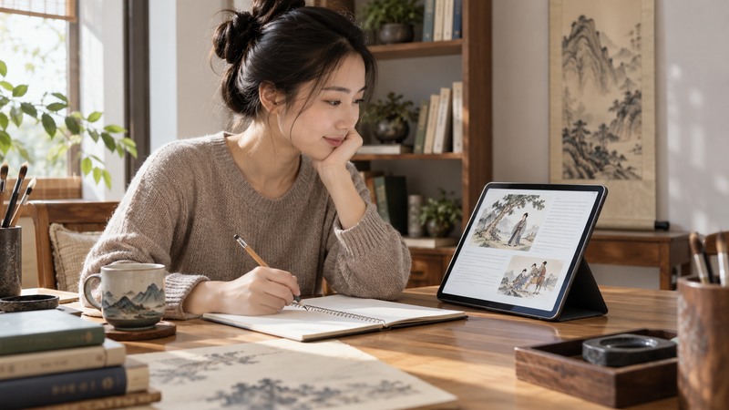 Chinese Idiom Stories for HSK: An Ebook Selection Guide 2 Adult learner studying a Chinese idiom ebook on a tablet