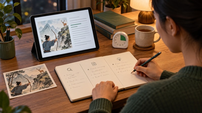 Chinese Idiom Stories for HSK: An Ebook Selection Guide 4 Learner using a tablet and notebook for a timed Chinese reading routine