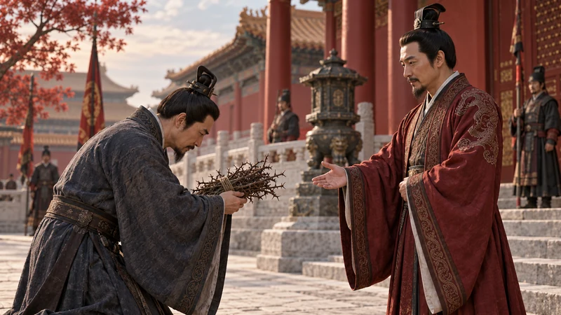 One ancient Chinese official apologizing with thorn branches as another receives him